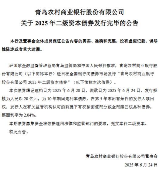 配资114平台登录入口 青农商行：2025年二级资本债券发行完毕